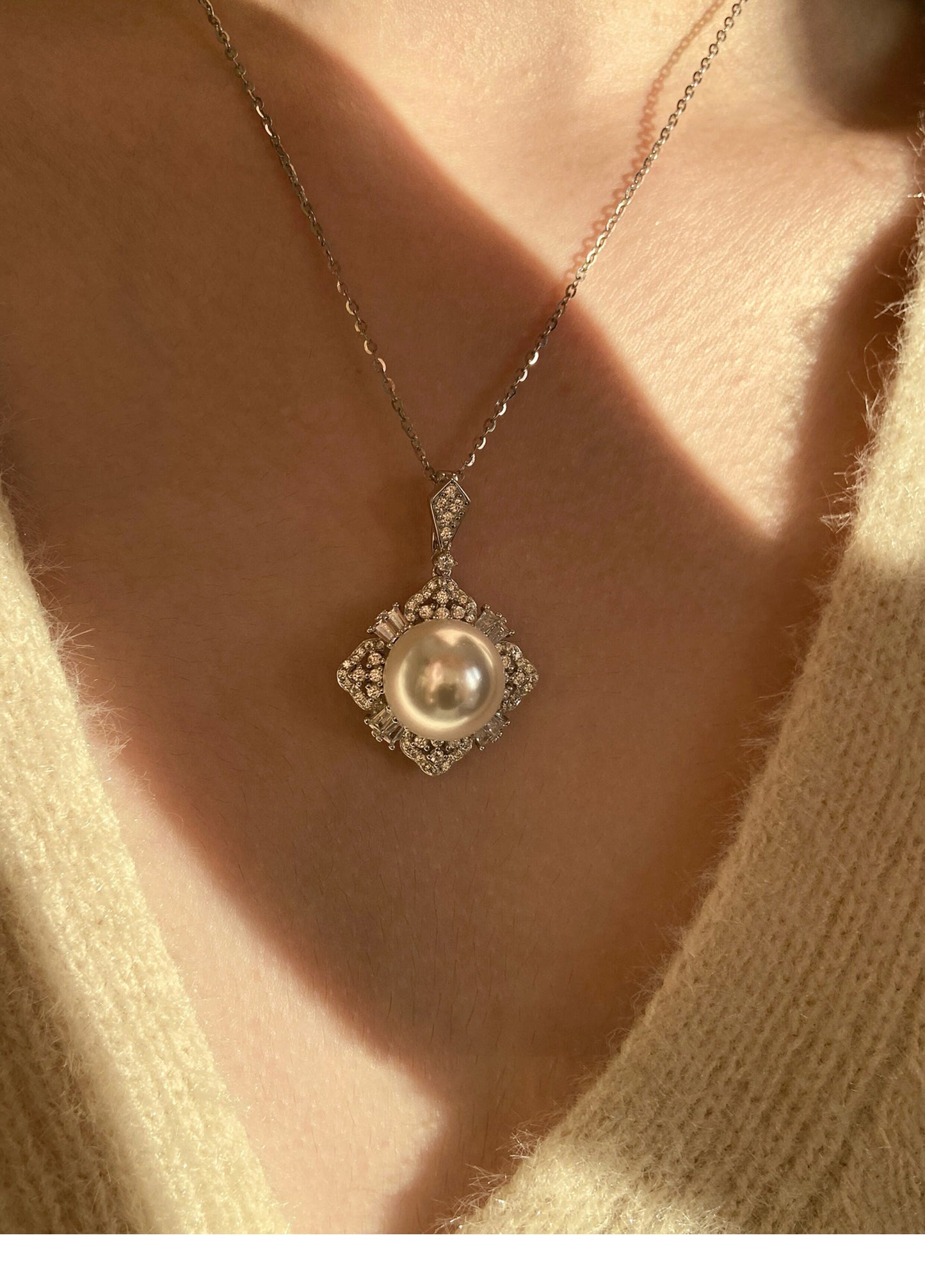Square Halo Cubic Zirconia Pearl Pendant Necklace For Women Mother-of-Pearl South Sea Golden & Cool White Pearl Adjustable Chain With 5cm Extender Luxury Wedding Banquet Formal Jewelry Gift For Ladies Mom Bride  LUNA-X288