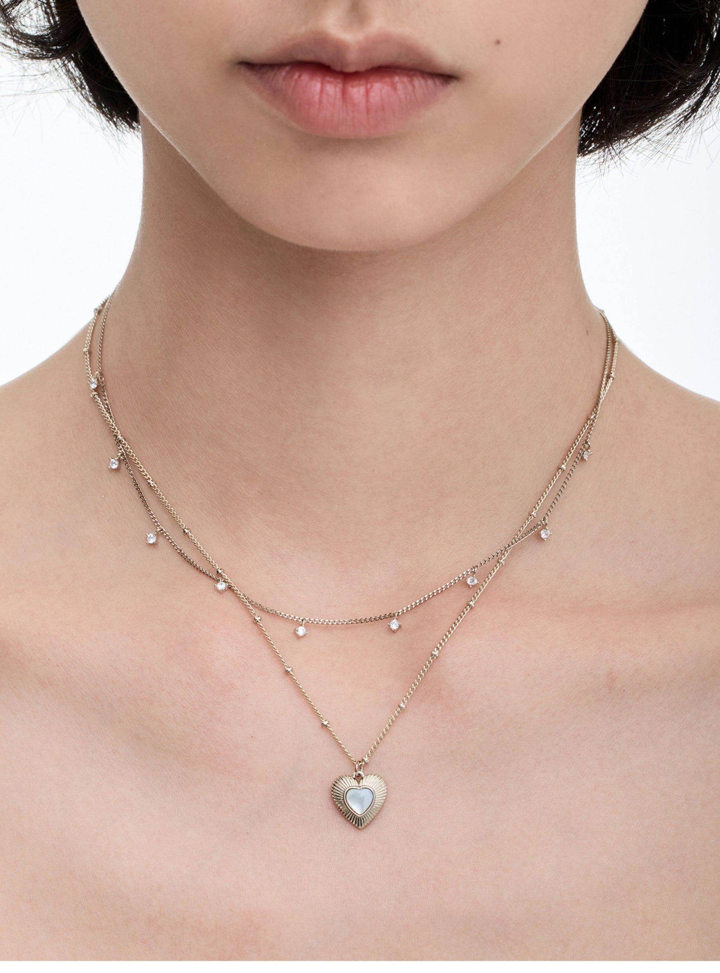 Two-Layer Star CZ & Sunburst Heart Mother of Pearl Pendant Necklace, Pale Titanium Gold Stackable Adjustable Chain for Women  LUNA-X255