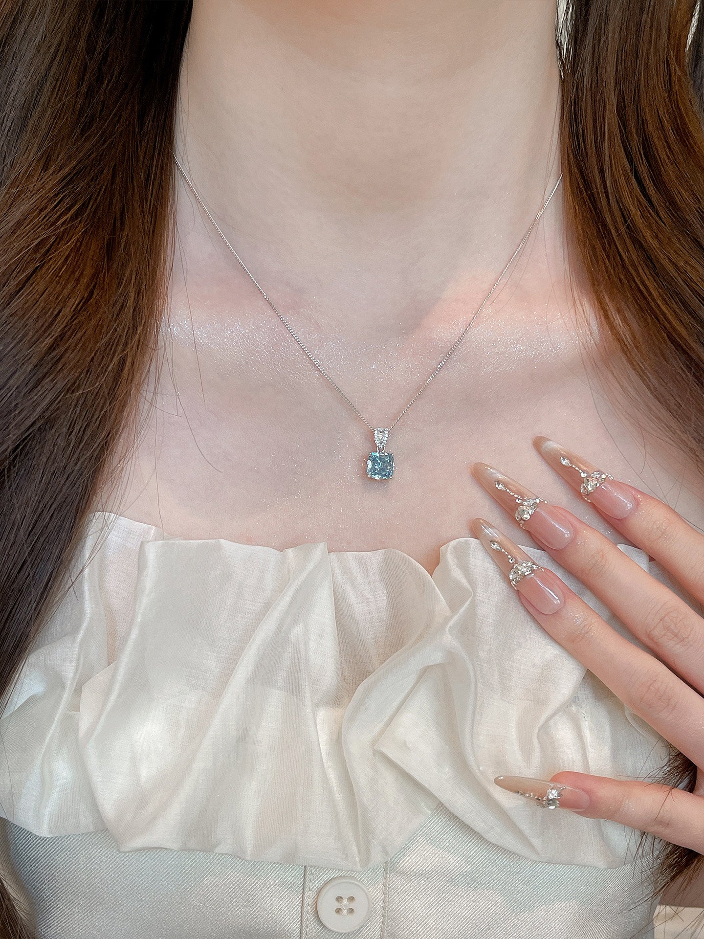 Square Aquamarine Blue Cubic Zirconia Pendant Necklace S925 Sterling Silver Dainty Thin Chain Women Wedding Daily Jewelry Gift   LUNA-X236