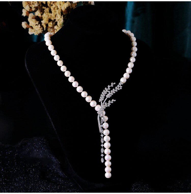 "Audrey's Garden" Freshwater Pearl & Marquise Zircon Leaf Drop Necklace, Platinum Plated Bridal & Timeless Cocktail Statement Jewelry LUNA-X167