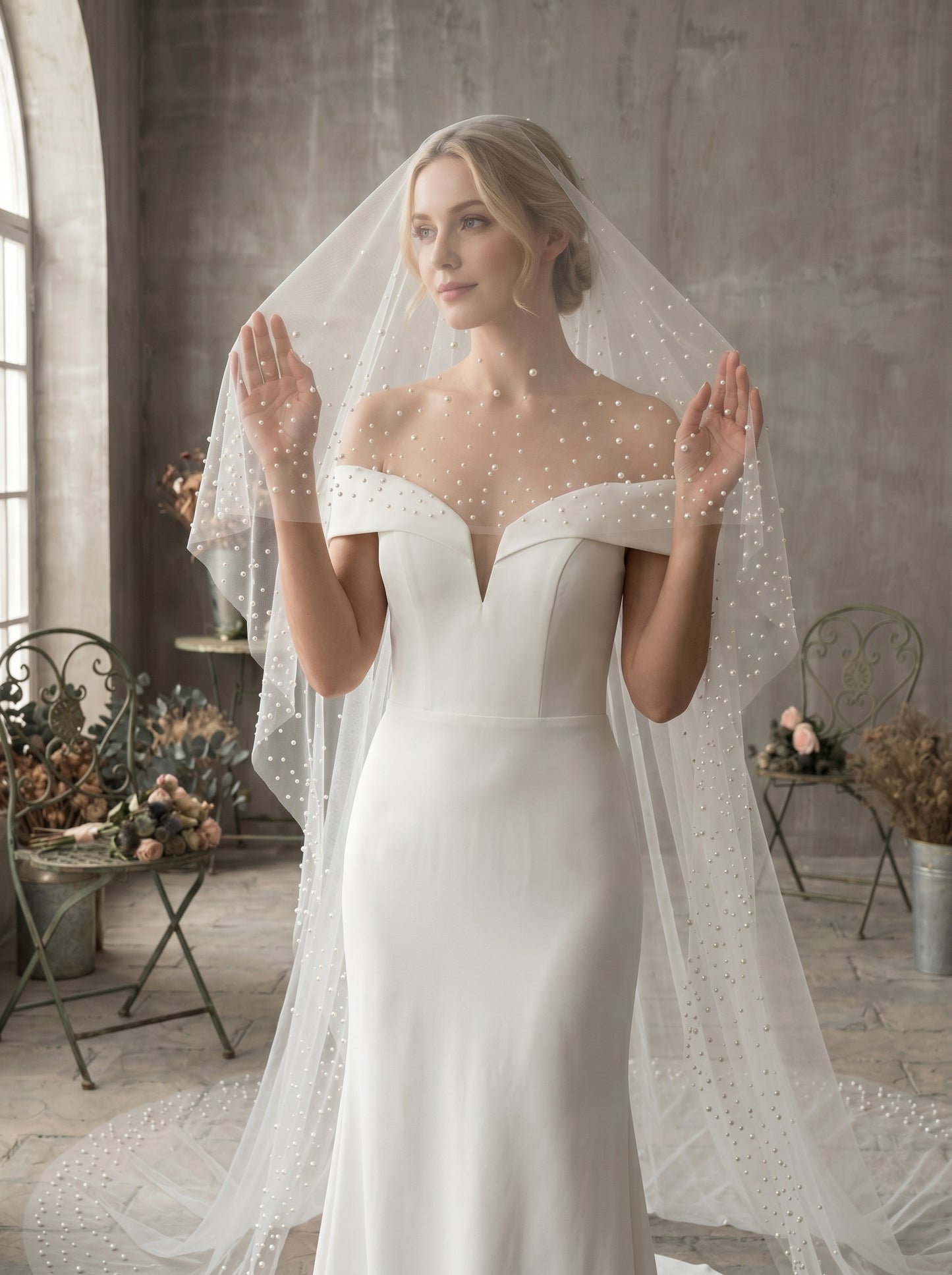 3M No Comb Pearl Wedding Veil, 118" Long 63" Wide Single Tier Cathedral Veil, Milk White Soft Netting Blusher Veil with Scattered Pearls LUNA-X92