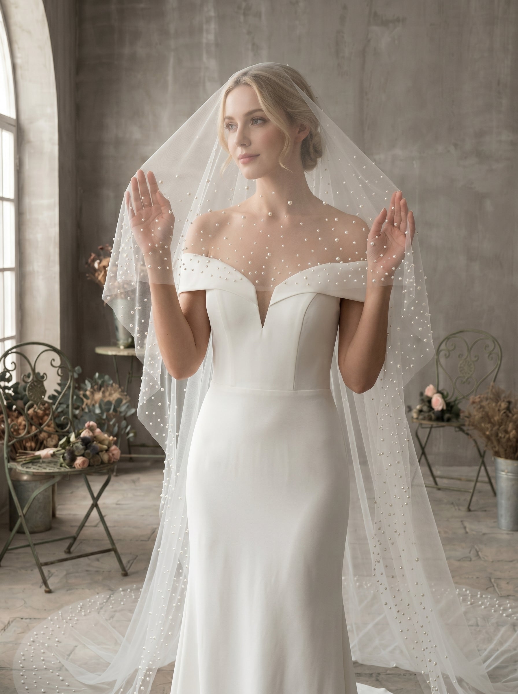 3M No Comb Pearl Wedding Veil, 118