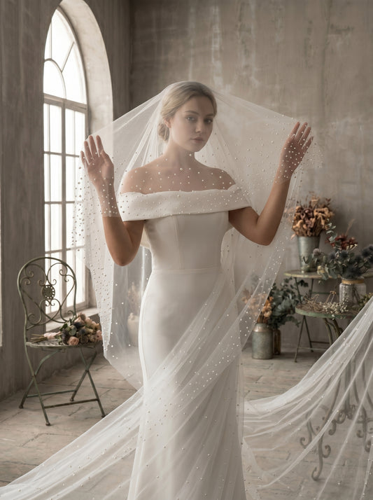 3M No Comb Pearl Wedding Veil, 118" Long 63" Wide Single Tier Cathedral Veil, Milk White Soft Netting Blusher Veil with Scattered Pearls LUNA-X92