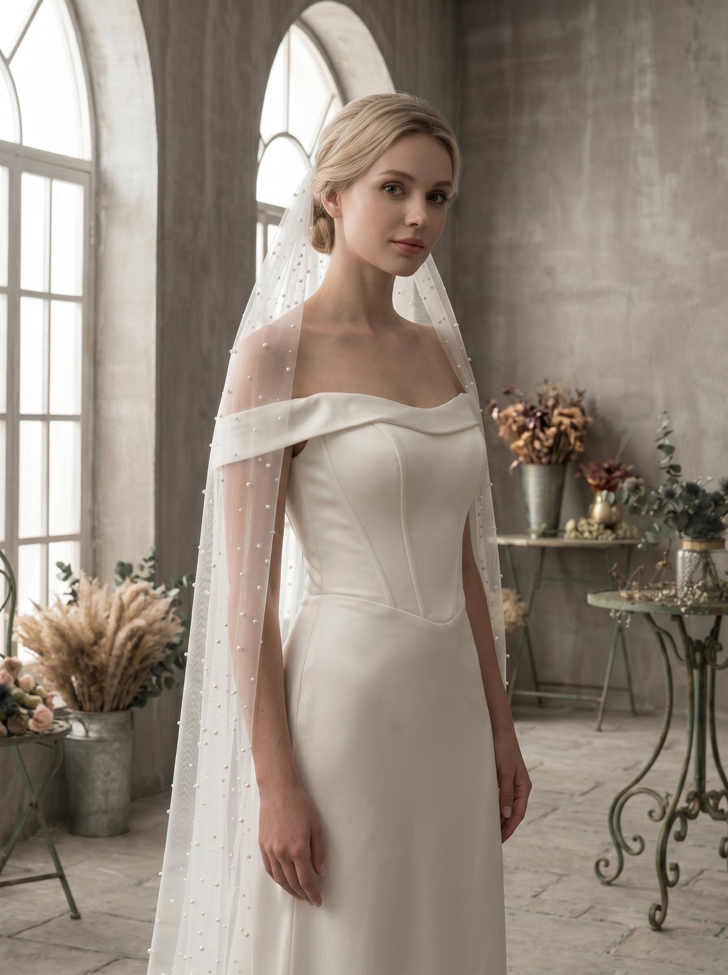 3M No Comb Pearl Wedding Veil, 118" Long 63" Wide Single Tier Cathedral Veil, Milk White Soft Netting Blusher Veil with Scattered Pearls LUNA-X92