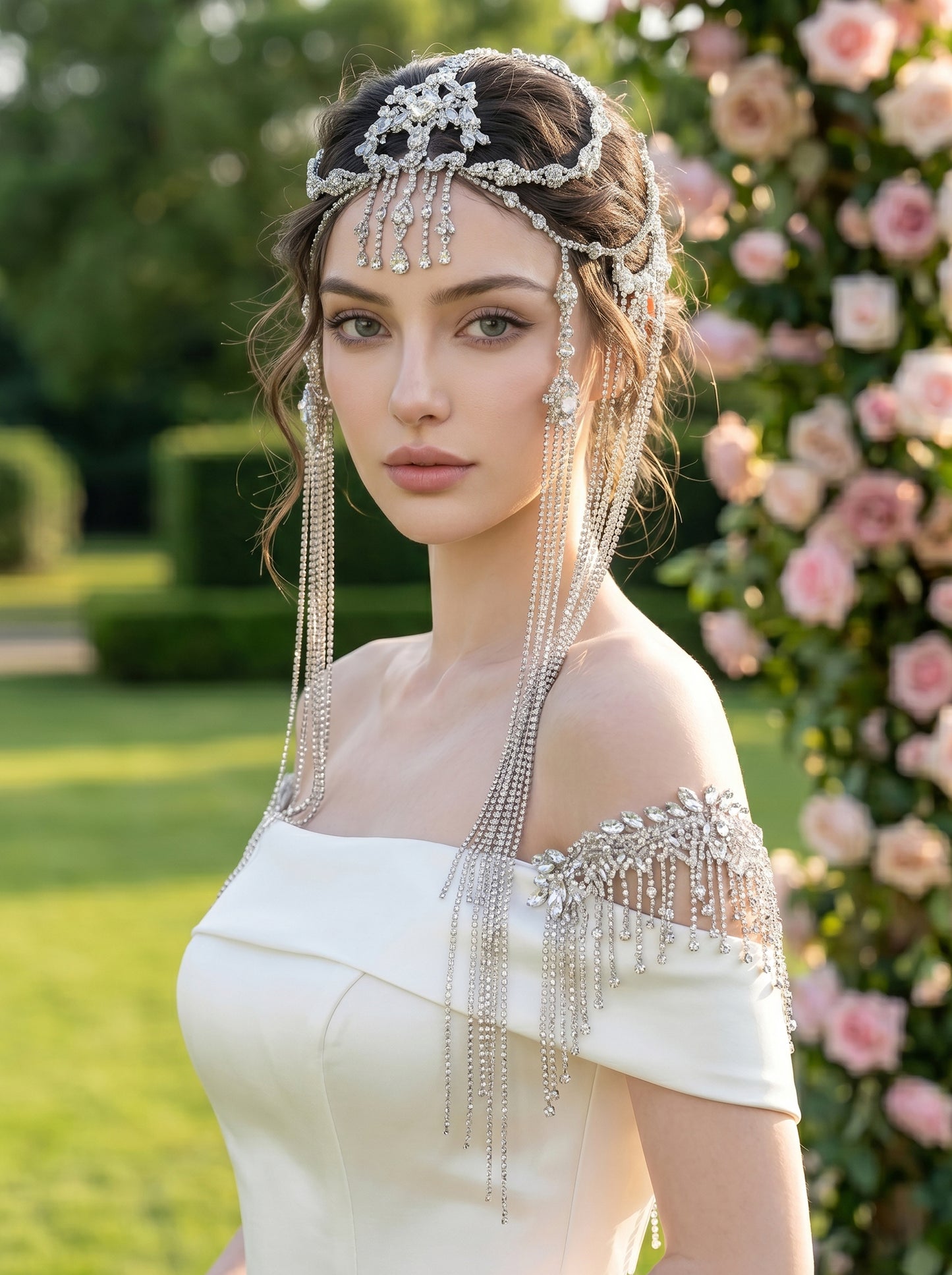 Exotic Marquise Crystal Wedding Headband, One Size Statement Pearl Fringe Hair Vine, Bridal Shower Festival Tassel Tiara LUNA-X201