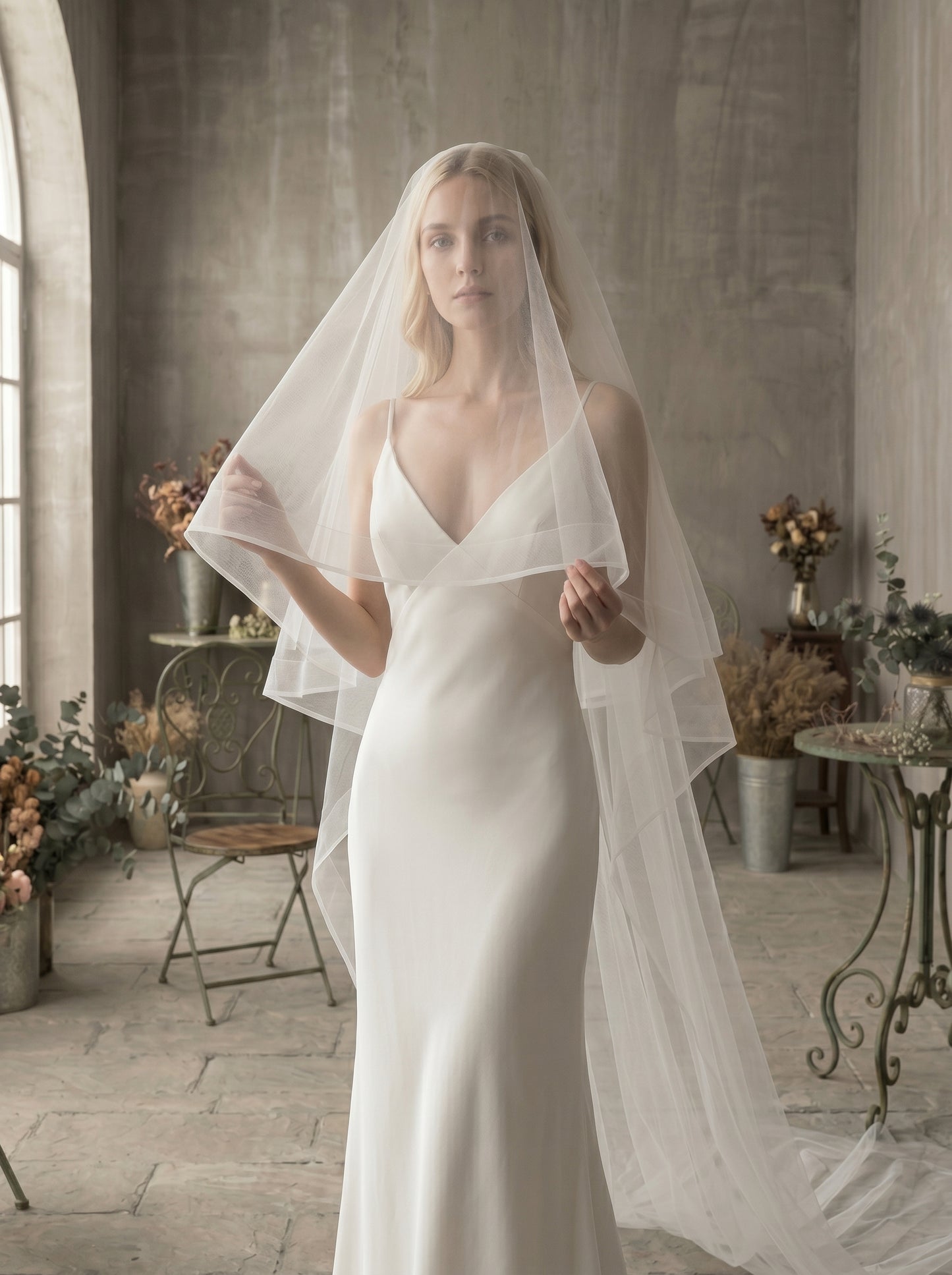 Luxury 2-Tier Structured Horsehair Edge Cathedral Veil - Milk White Swiss Tulle Wedding Veil with Comb, Cascading Ribbon Trim Blusher Veil LUNA-X73