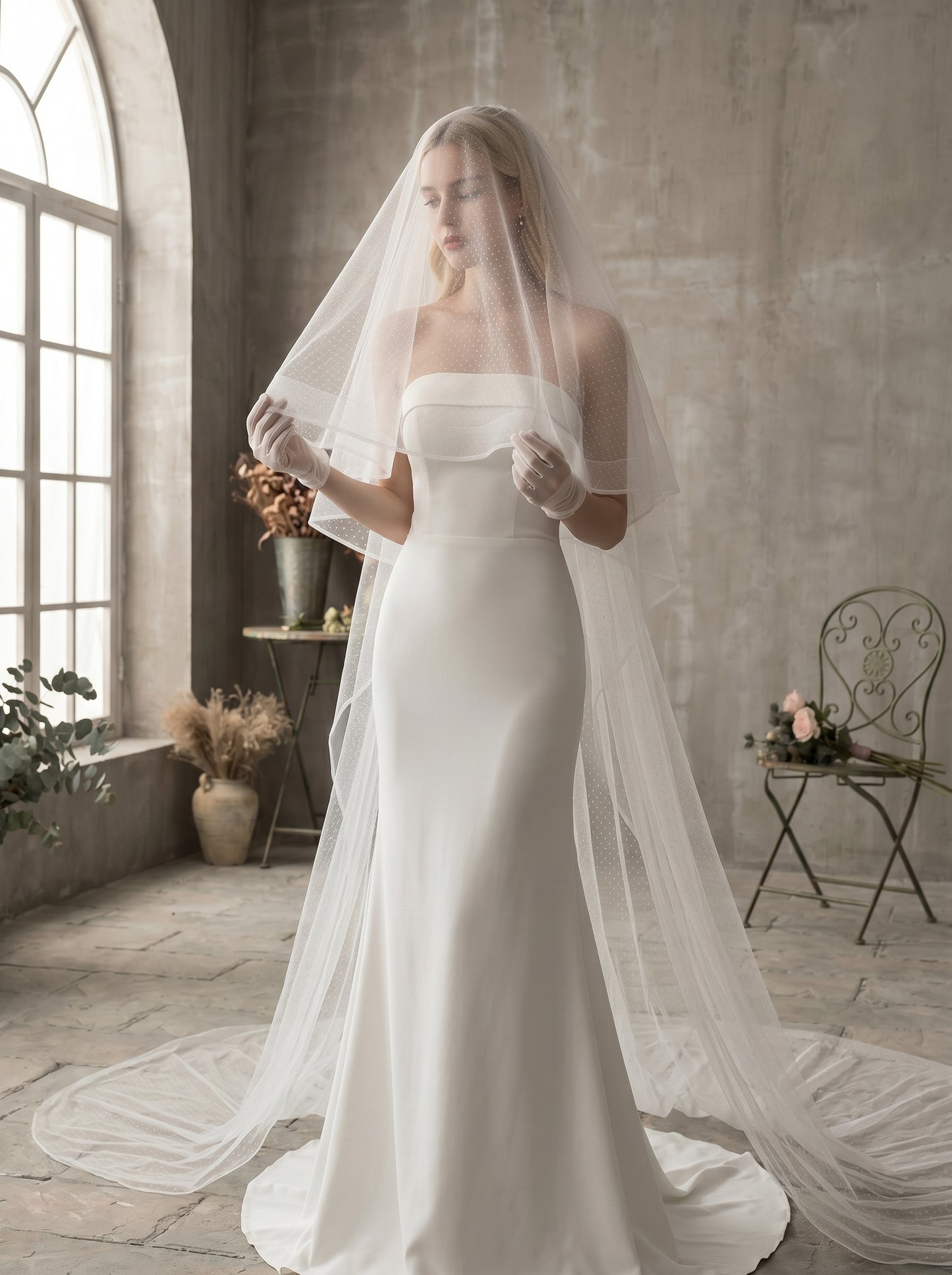 Luxury 2-Tier Structured Horsehair Edge Cathedral Veil - Milk White Swiss Tulle Wedding Veil with Comb, Cascading Ribbon Trim Blusher Veil LUNA-X73