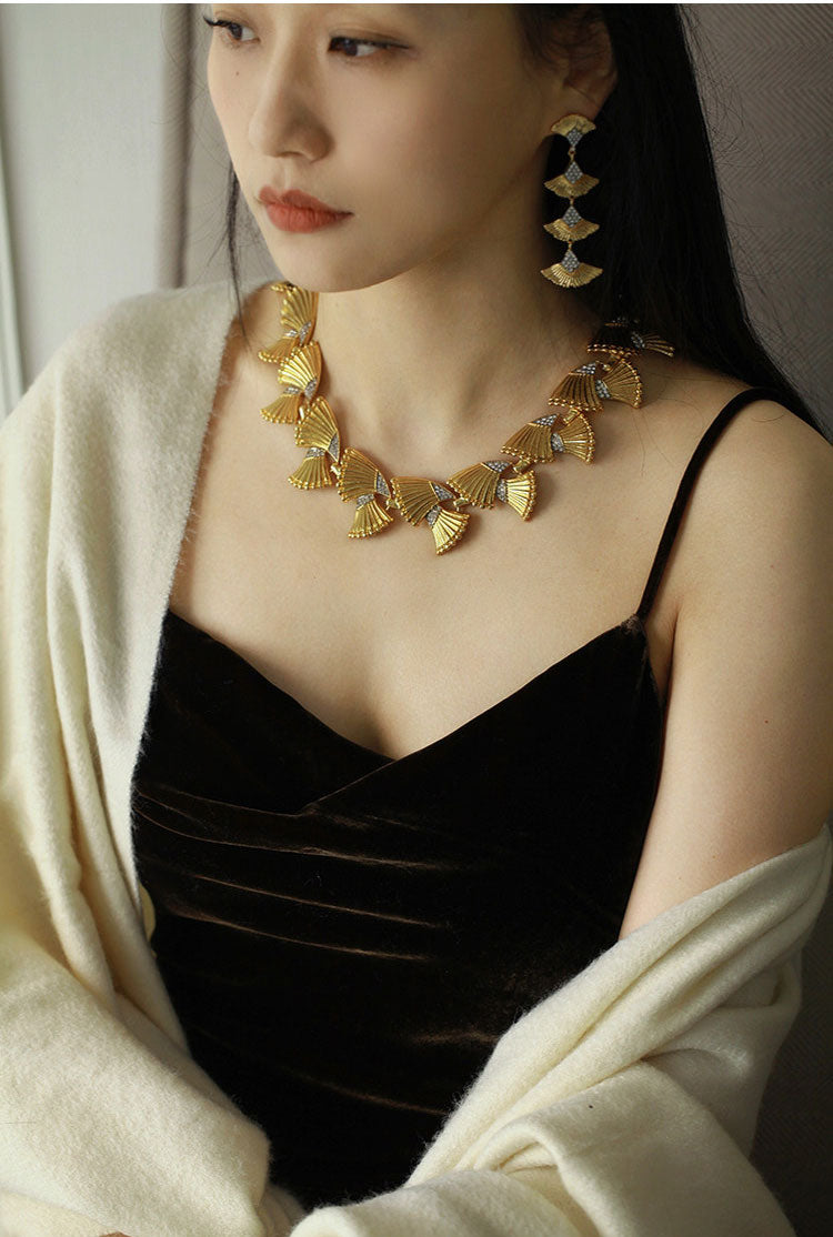 Vintage Ginkgo Leaf Matching Jewelry Set for Women, 24K Gold Plated Copper Cubic Zirconia Statement Choker Necklace & Long Drop Dangle Earrings Adjustable 46+8cm Chain Formal Wedding Banquet Luxury Fine Jewelry Gift LUNA-X301