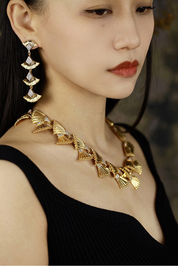 Vintage Ginkgo Leaf Matching Jewelry Set for Women, 24K Gold Plated Copper Cubic Zirconia Statement Choker Necklace & Long Drop Dangle Earrings Adjustable 46+8cm Chain Formal Wedding Banquet Luxury Fine Jewelry Gift LUNA-X301
