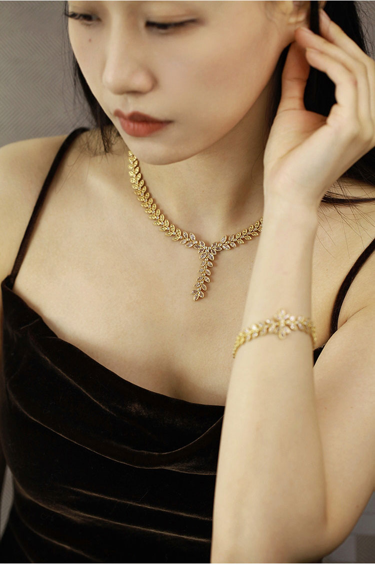 Elegant Crystal Leaf 3-Piece Jewelry Set for Women, Y-Drop Necklace Long Dangle Earrings Matching Bracelet Wedding Bridal Formal Banquet Fine Jewelry Gift LUNA-X302