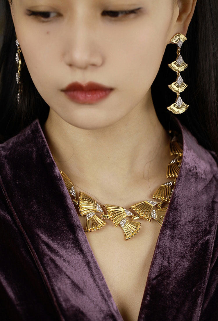 Vintage Ginkgo Leaf Matching Jewelry Set for Women, 24K Gold Plated Copper Cubic Zirconia Statement Choker Necklace & Long Drop Dangle Earrings Adjustable 46+8cm Chain Formal Wedding Banquet Luxury Fine Jewelry Gift LUNA-X301