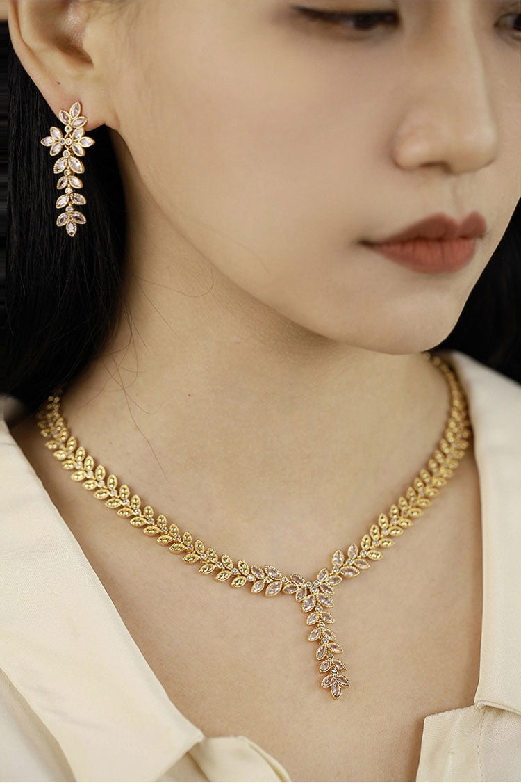 Elegant Crystal Leaf 3-Piece Jewelry Set for Women, Y-Drop Necklace Long Dangle Earrings Matching Bracelet Wedding Bridal Formal Banquet Fine Jewelry Gift LUNA-X302