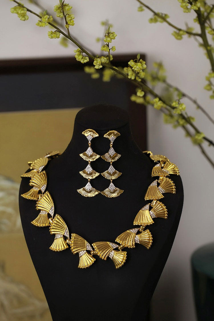 Vintage Ginkgo Leaf Matching Jewelry Set for Women, 24K Gold Plated Copper Cubic Zirconia Statement Choker Necklace & Long Drop Dangle Earrings Adjustable 46+8cm Chain Formal Wedding Banquet Luxury Fine Jewelry Gift LUNA-X301