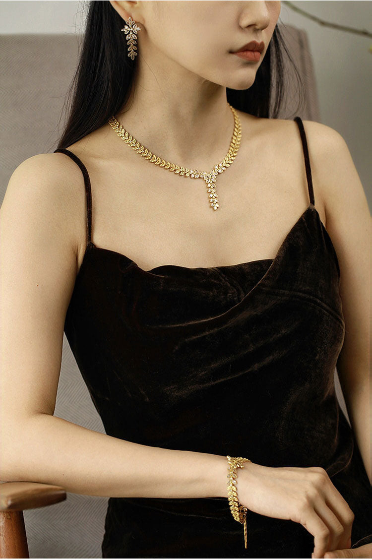 Elegant Crystal Leaf 3-Piece Jewelry Set for Women, Y-Drop Necklace Long Dangle Earrings Matching Bracelet Wedding Bridal Formal Banquet Fine Jewelry Gift LUNA-X302