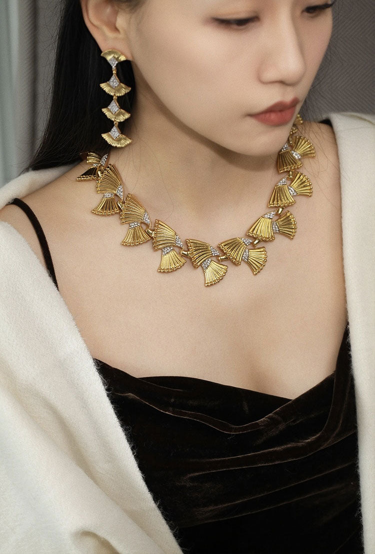 Vintage Ginkgo Leaf Matching Jewelry Set for Women, 24K Gold Plated Copper Cubic Zirconia Statement Choker Necklace & Long Drop Dangle Earrings Adjustable 46+8cm Chain Formal Wedding Banquet Luxury Fine Jewelry Gift LUNA-X301
