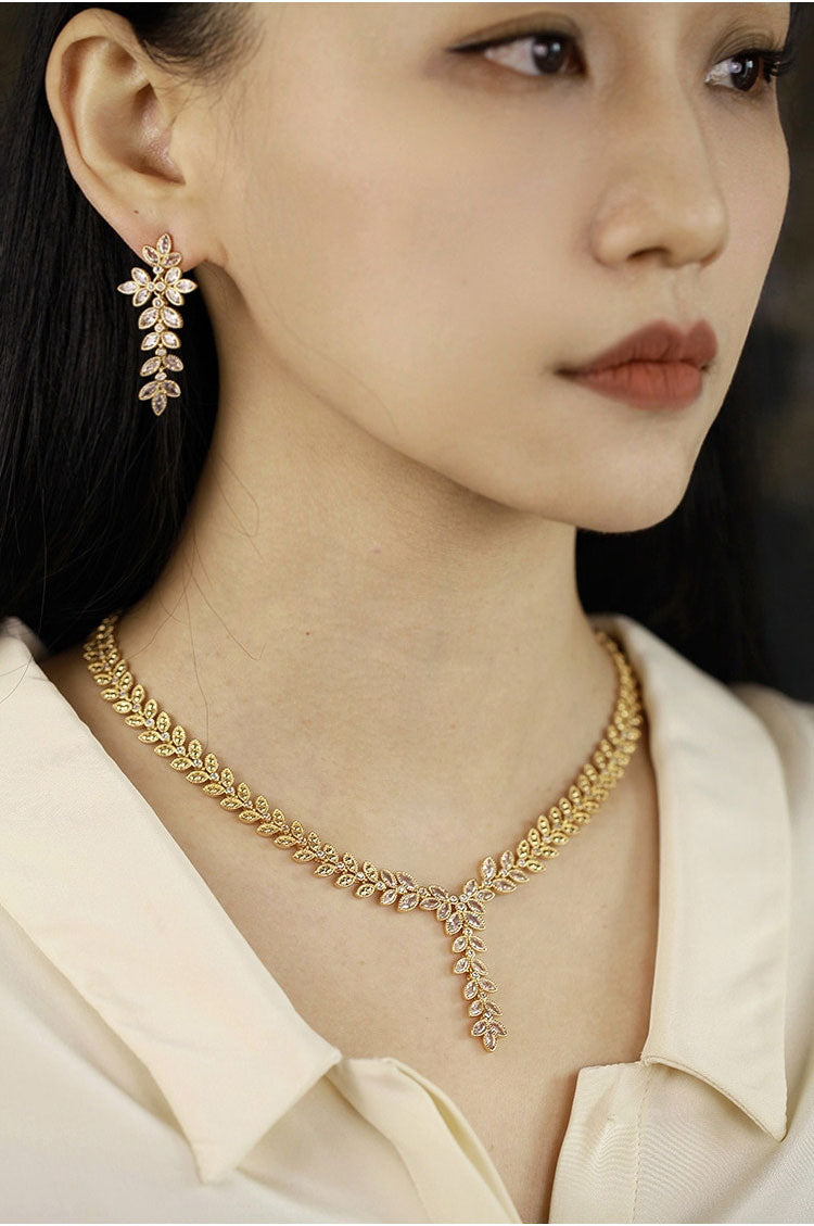 Elegant Crystal Leaf 3-Piece Jewelry Set for Women, Y-Drop Necklace Long Dangle Earrings Matching Bracelet Wedding Bridal Formal Banquet Fine Jewelry Gift LUNA-X302
