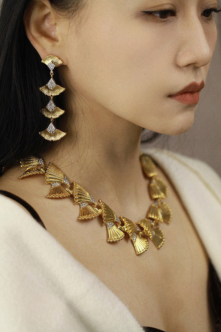 Vintage Ginkgo Leaf Matching Jewelry Set for Women, 24K Gold Plated Copper Cubic Zirconia Statement Choker Necklace & Long Drop Dangle Earrings Adjustable 46+8cm Chain Formal Wedding Banquet Luxury Fine Jewelry Gift LUNA-X301