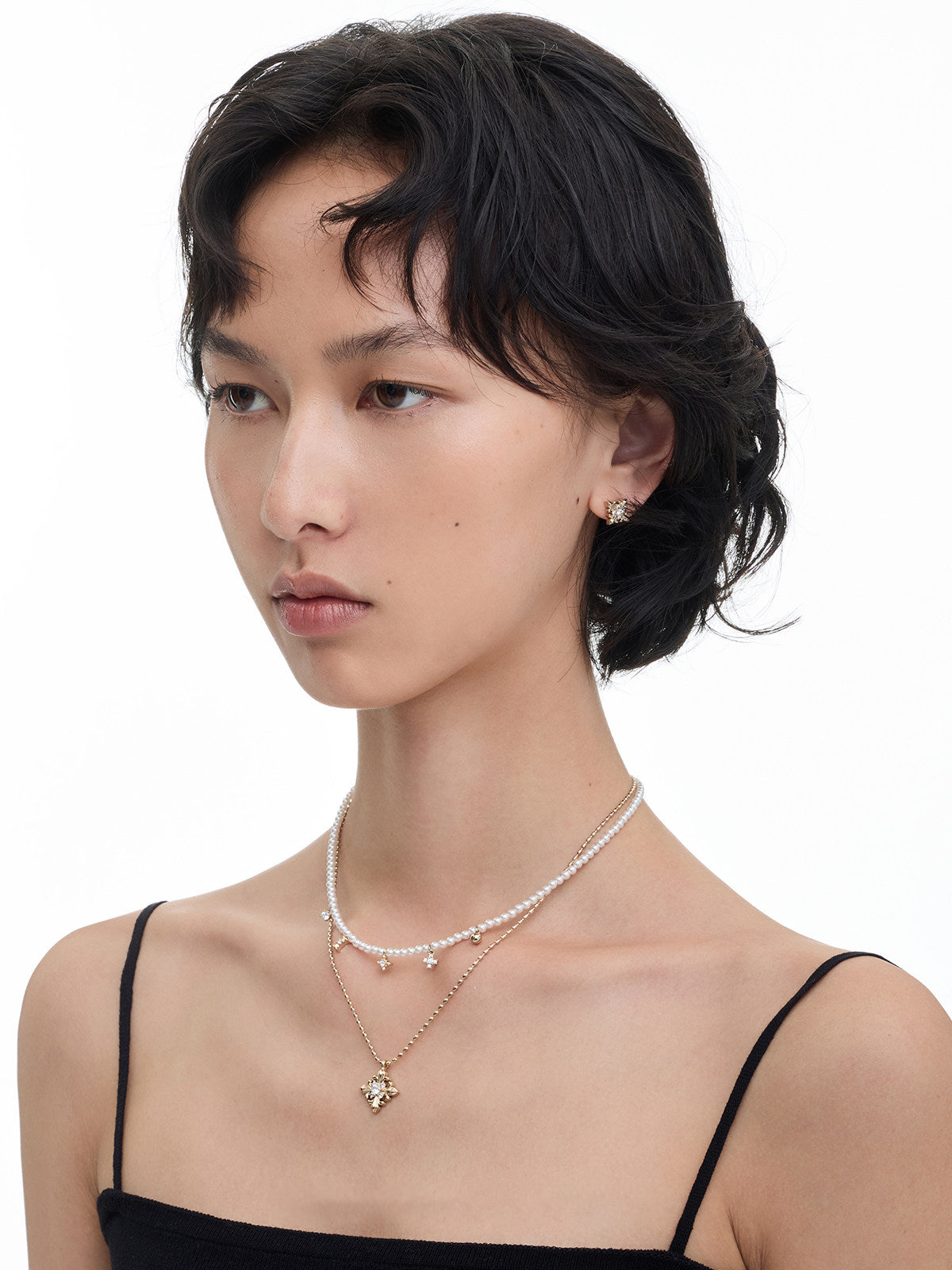 Two Layer Pearl Iris Fleur-de-Lis Necklace for Women Vintage Star Sun Zircon Pendant Dainty Stackable Bridal Jewelry Gift  LUNA-X246