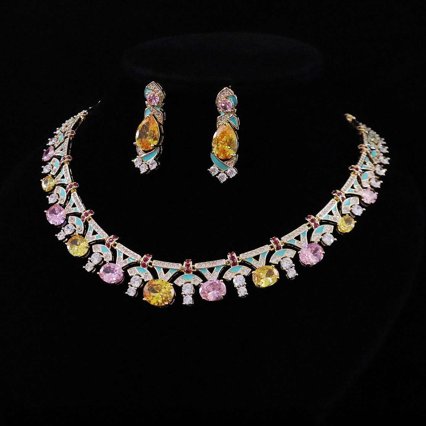 "Palace Garden Palette" Vintage Geometric Jewelry Set, Radiant Pastel Ombre Gemstone Cascade Fringe Necklace & Royal Drop Earrings Duo LUNA-X164