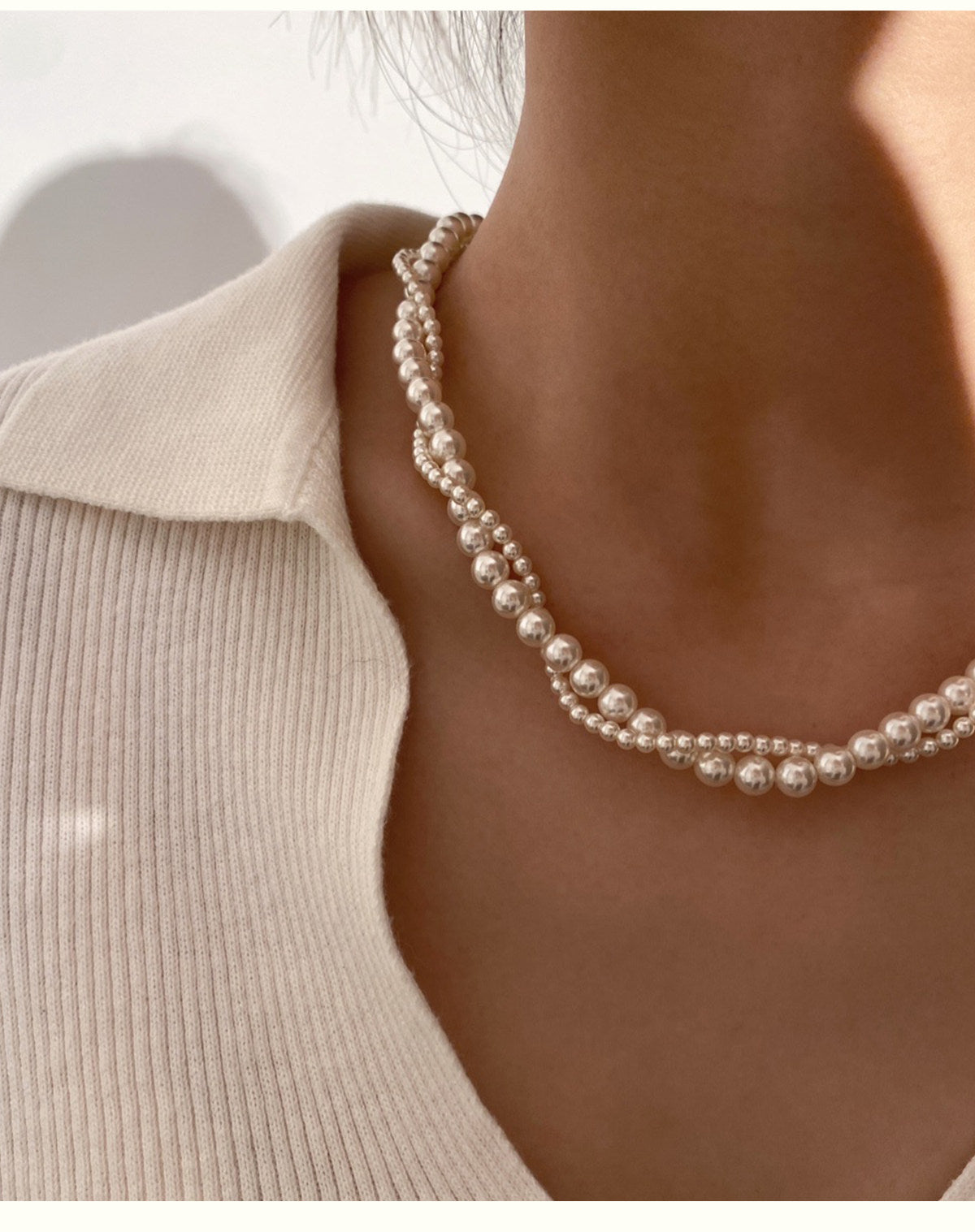 Two Tone Sunflower Clasp Mixed Size Imitation Pearl Necklace For Women 3mm+6mm Gradient Pearl 45cm Adjustable Gold Silver Clasp Cream Grey Australian White French Vintage Daily Jewelry Gift For Ladies   LUNA-X287