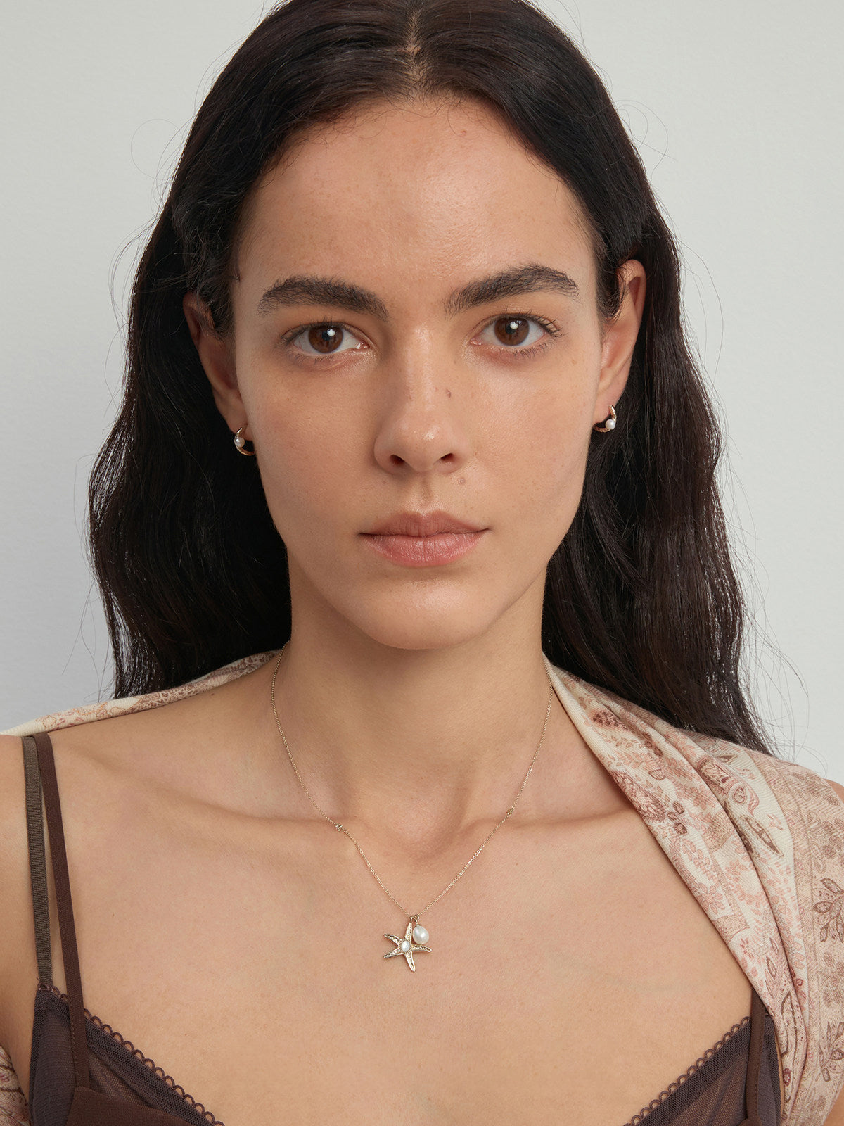 Ocean Series Textured Starfish Pendant Necklace, Two Sizes Pale Titanium Gold with Freshwater Pearl & Mother of Pearl Adjustable Chain for Women   LUNA-X261
