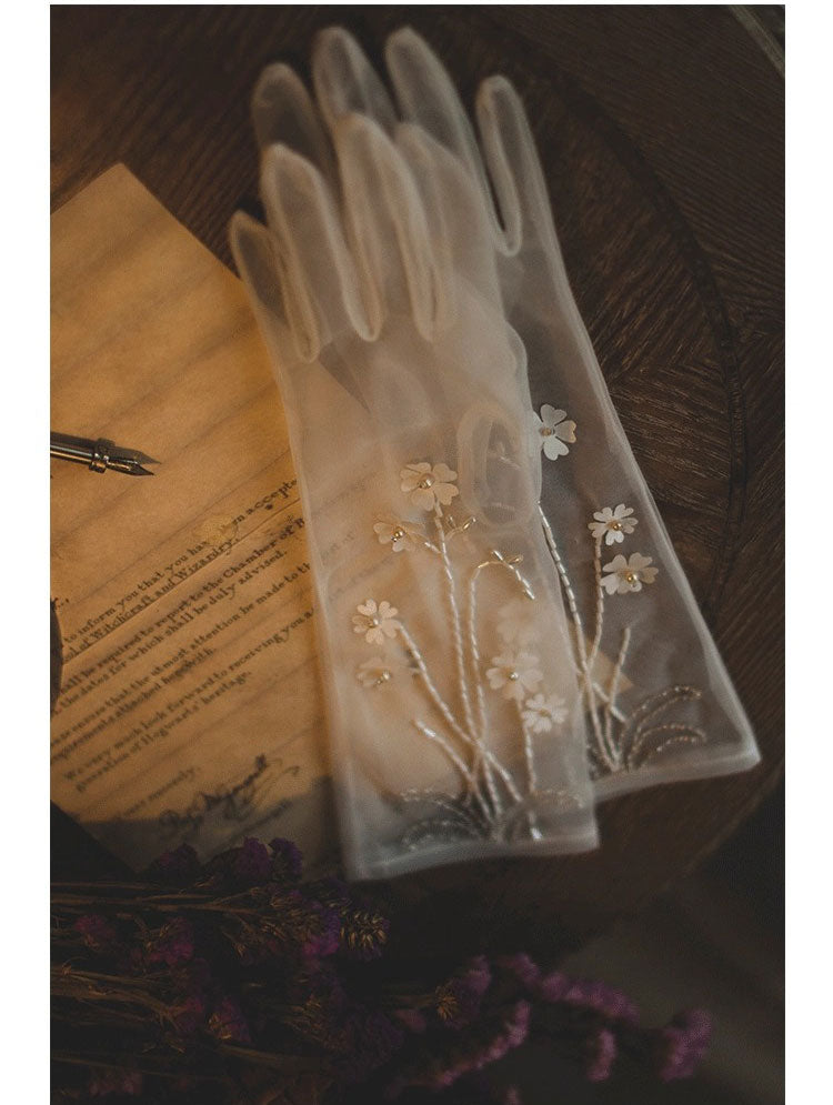 Ethereal Blossom Illusion Mesh Bridal Gloves - 35cm White 3D Floral Hand-Beaded Wedding Gloves - Vintage Cottagecore Sheer Prom Mittens LUNA-X316