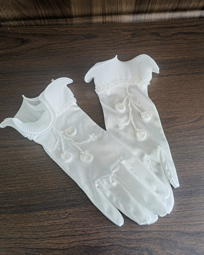 Lily of the Valley Satin Bridal Gloves - Hand-Beaded Pearl Floral Wedding Gloves - Vintage Pleated Ruffle Edge Prom & Evening Mittens (38cm/28cm) LUNA-X320