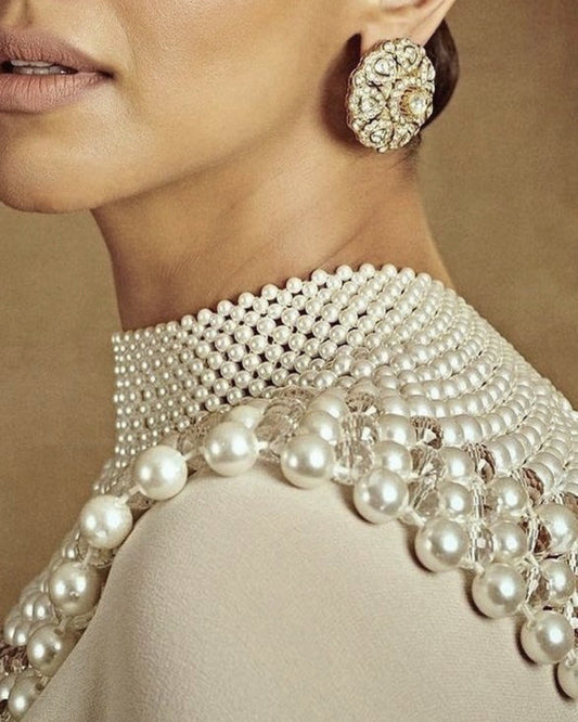 Statement Pearl Collar Necklace Body Chain, Red Carpet Couture High Neck Bridal Shoulder Capelet, Luxury Allover Pearl Shoulder Jewelry, Wedding Banquet Editorial Bridal Body Accessory Short Description  LUNA-X231