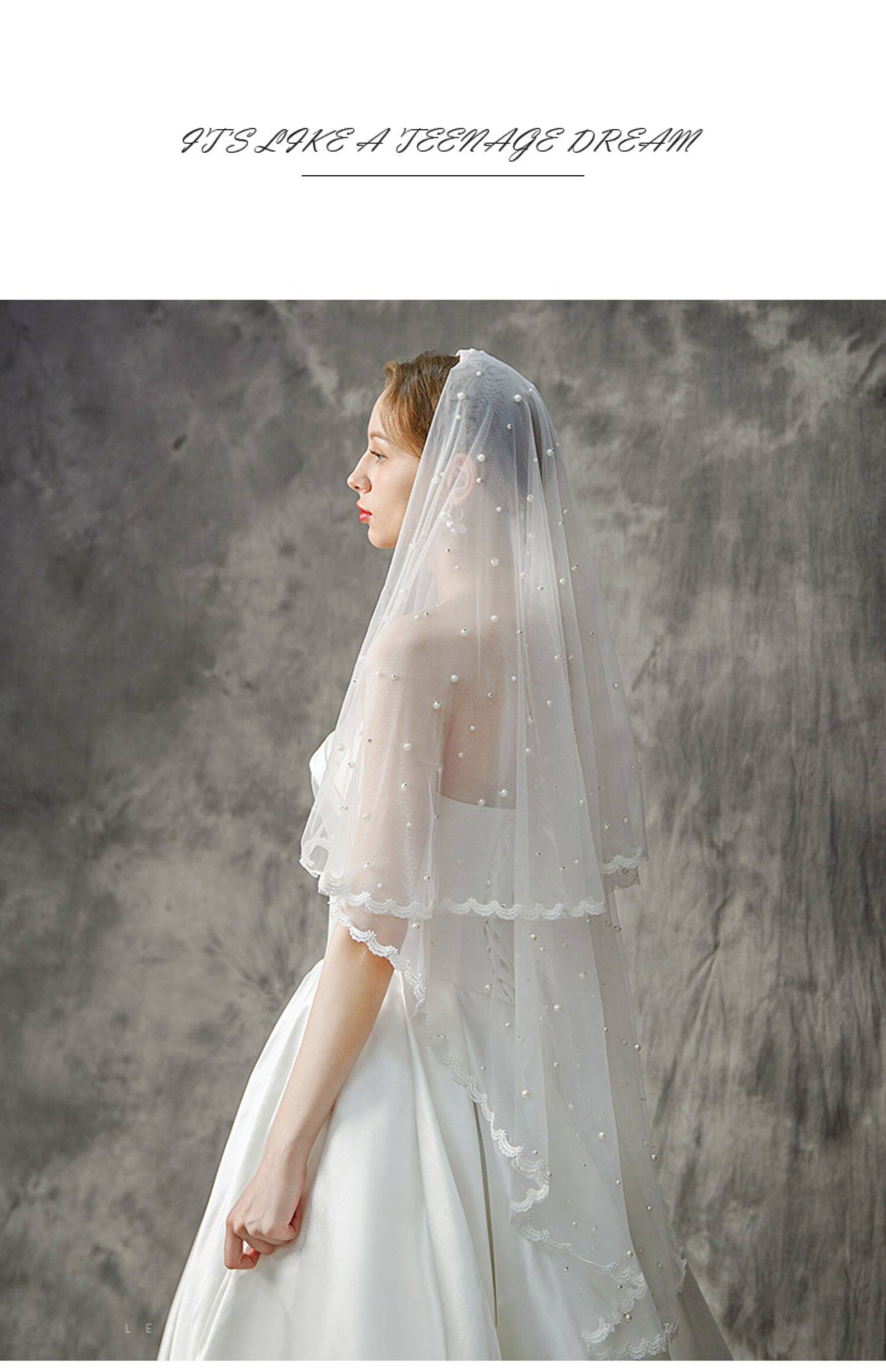 Luxury 2-Tier Pearl Fingertip Veil with Blusher - Milk White Swiss Soft Tulle Wedding Veil with Scalloped Lace Border & Metal Comb  LUNA-X102