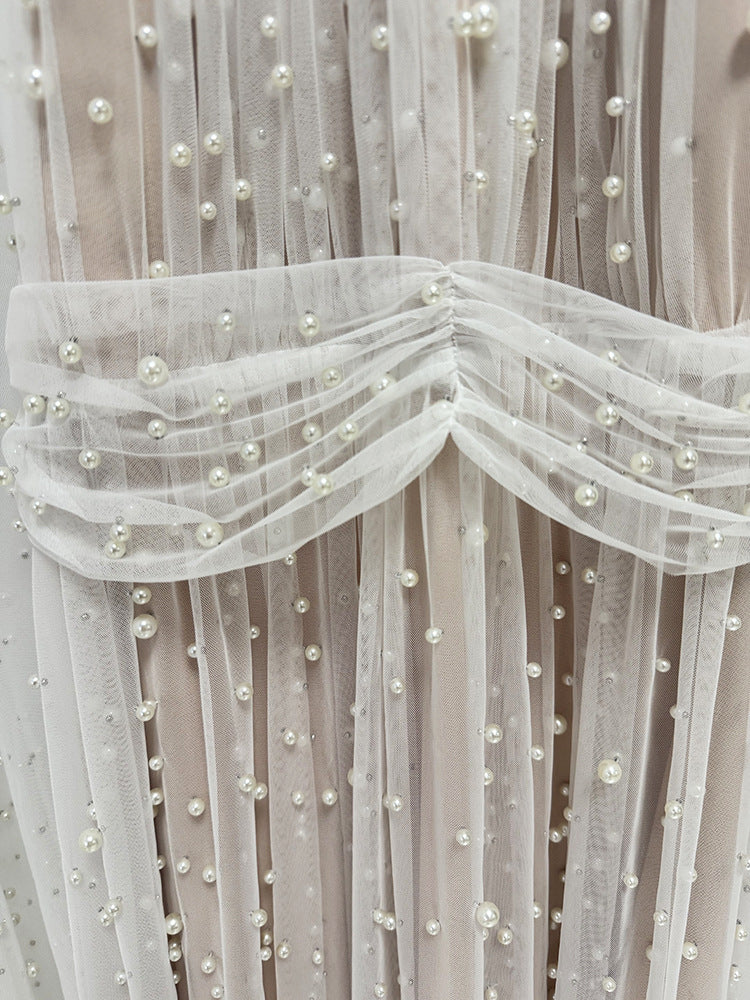 Ethereal Pearl Beaded Bridal Cape Dress - Halter Neck Open Back Wedding Reception Gown - Luxury Pearlcore Floor-Length Bridal Dress  LUNA-X233