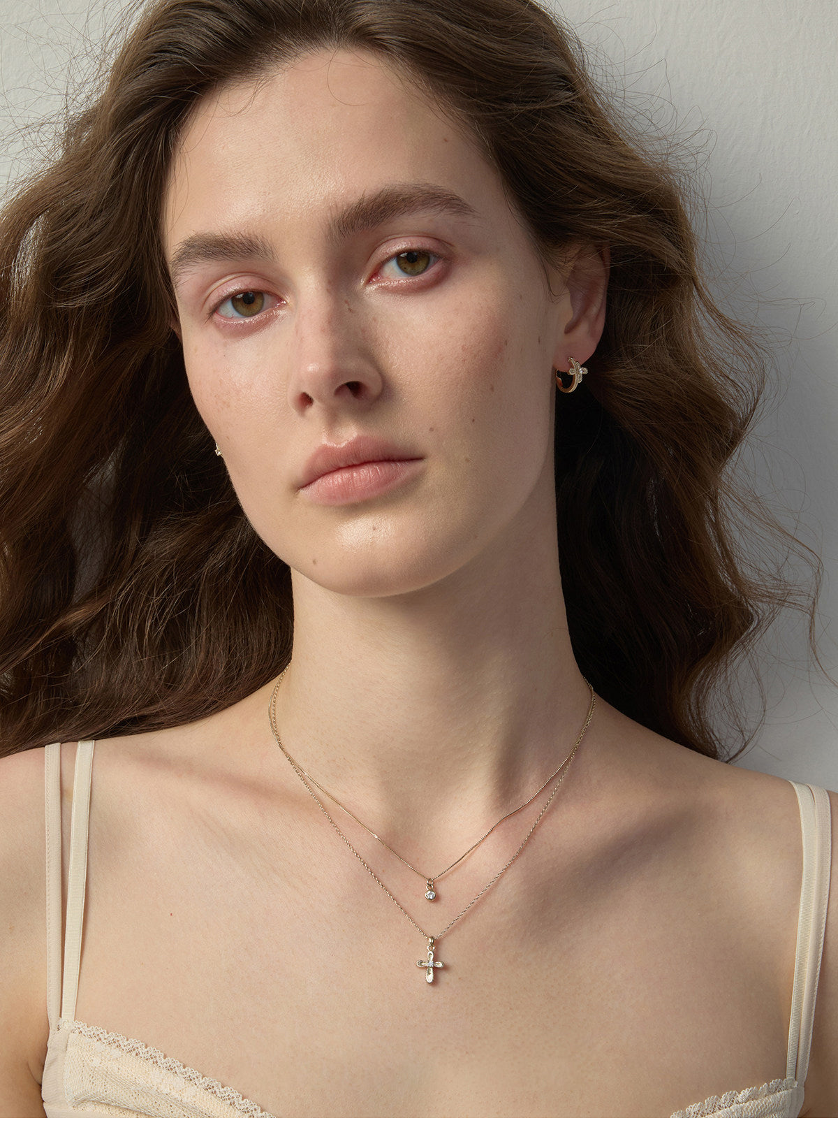 Two Layer Textured Cross & Single CZ Bezel Pendant Necklace, Dainty Stackable Adjustable Chain for Women  LUNA-X254