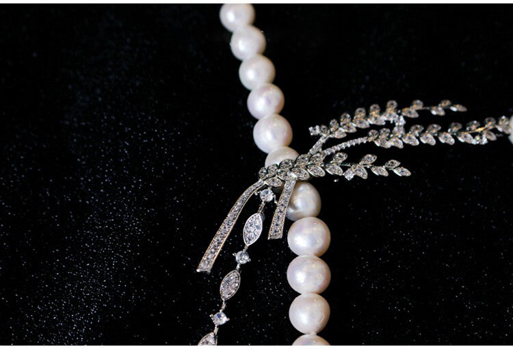 "Audrey's Garden" Freshwater Pearl & Marquise Zircon Leaf Drop Necklace, Platinum Plated Bridal & Timeless Cocktail Statement Jewelry LUNA-X167