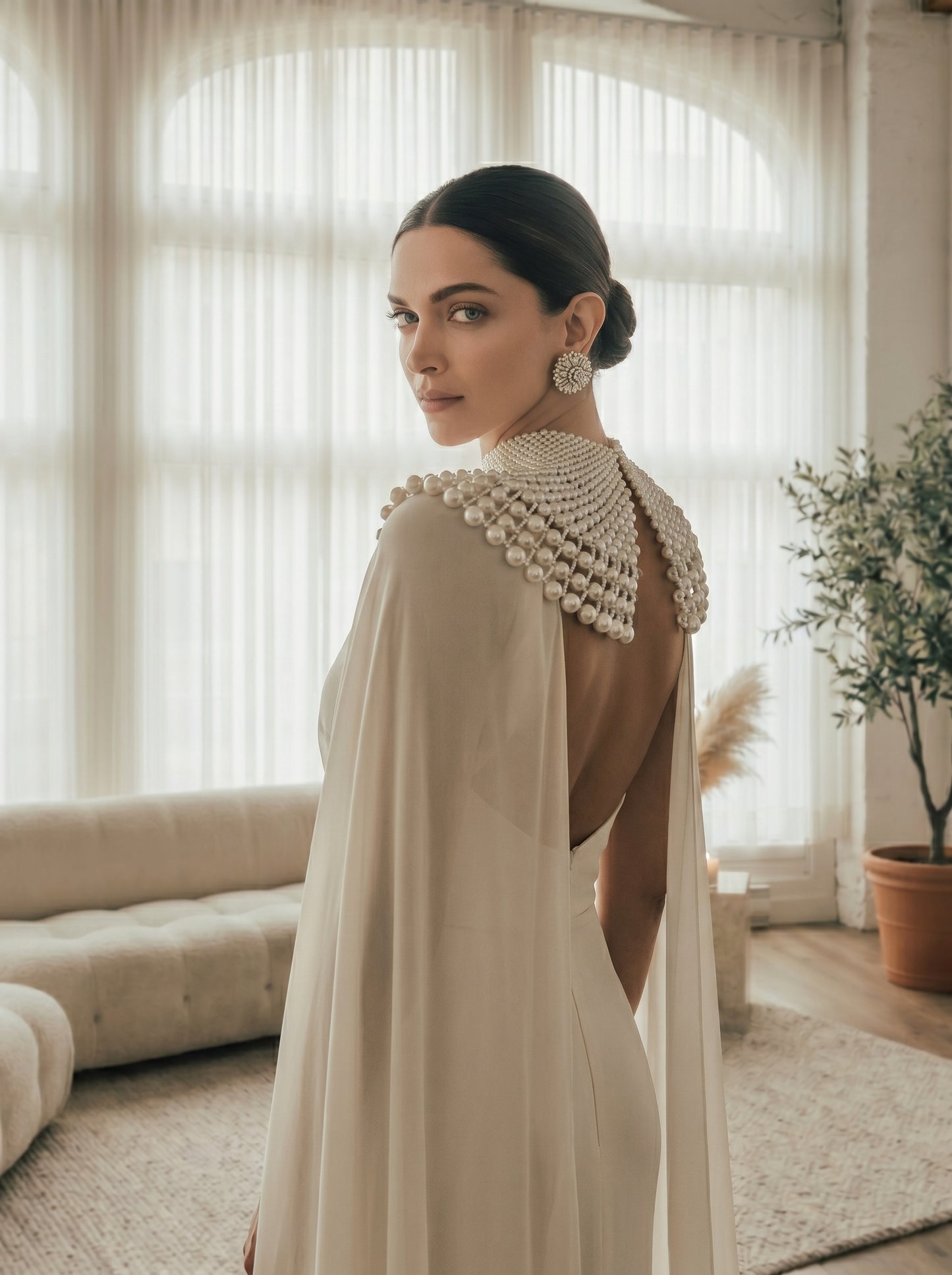 Statement Pearl Collar Necklace Body Chain - Red Carpet Couture Bridal Shoulder Capelet High Neck Pearls Shoulder Jewelry  LUNA-X231