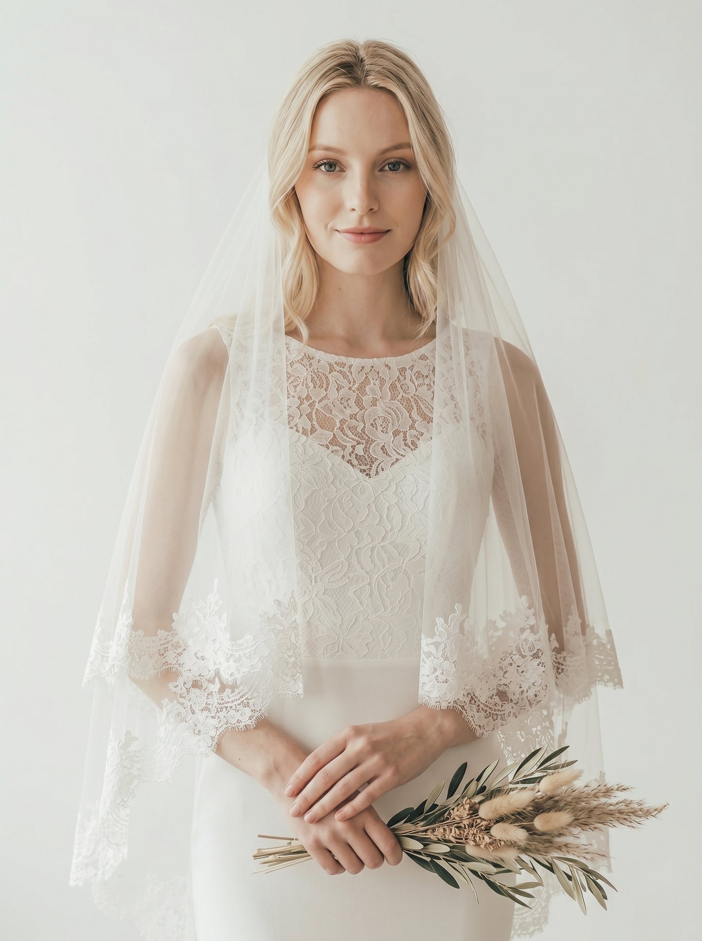 Retro Hollywood Voluminous Fingertip Veil - Layered Soft Tulle Bridal Veil with Metal Comb, Classic Bridal Blusher Veil LUNA-X58