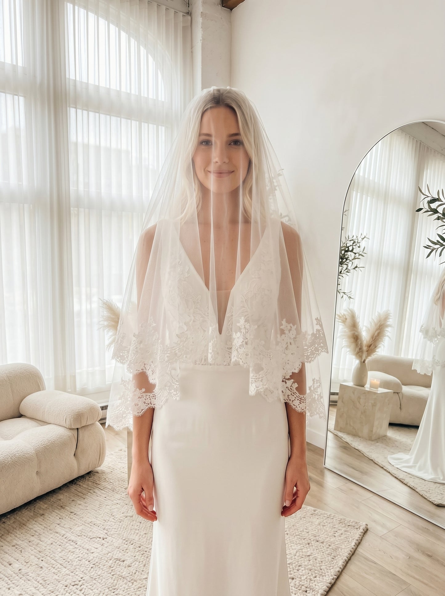 Retro Hollywood Voluminous Fingertip Veil - Layered Soft Tulle Bridal Veil with Metal Comb, Classic Bridal Blusher Veil LUNA-X58