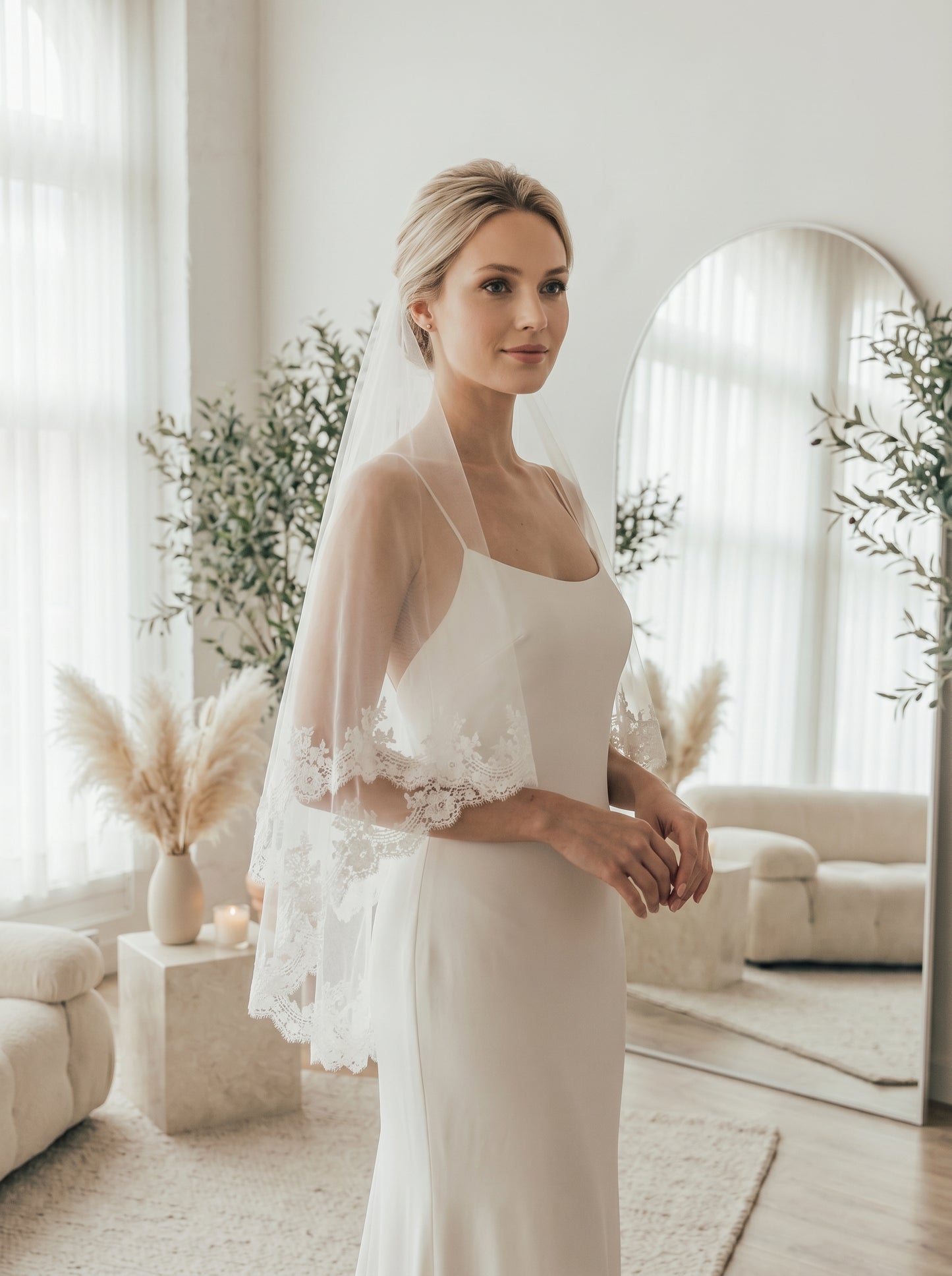 Retro Hollywood Voluminous Fingertip Veil - Layered Soft Tulle Bridal Veil with Metal Comb, Classic Bridal Blusher Veil LUNA-X58
