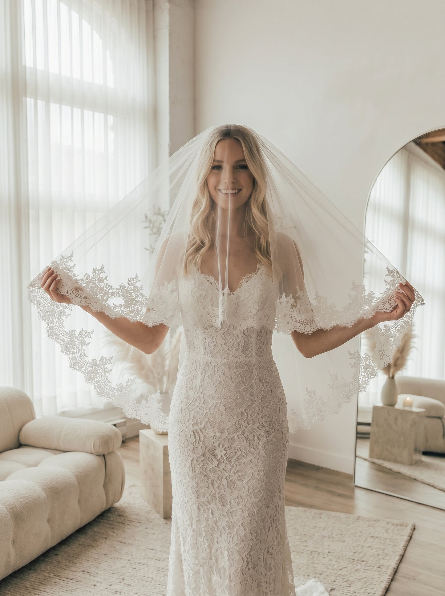 Retro Hollywood Voluminous Fingertip Veil - Layered Soft Tulle Bridal Veil with Metal Comb, Classic Bridal Blusher Veil LUNA-X58