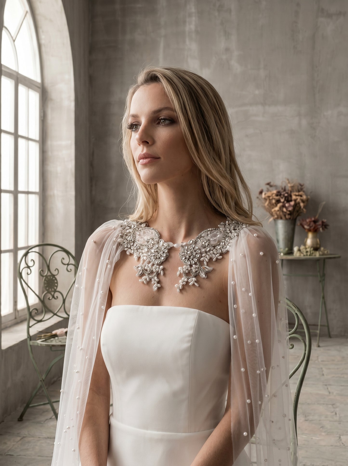 Cathedral Pearl Bridal Cape Veil with Rhinestone Collar - Luxury 300x300cm Detachable Wedding Cape Jewelry Statement   LUNA-X223