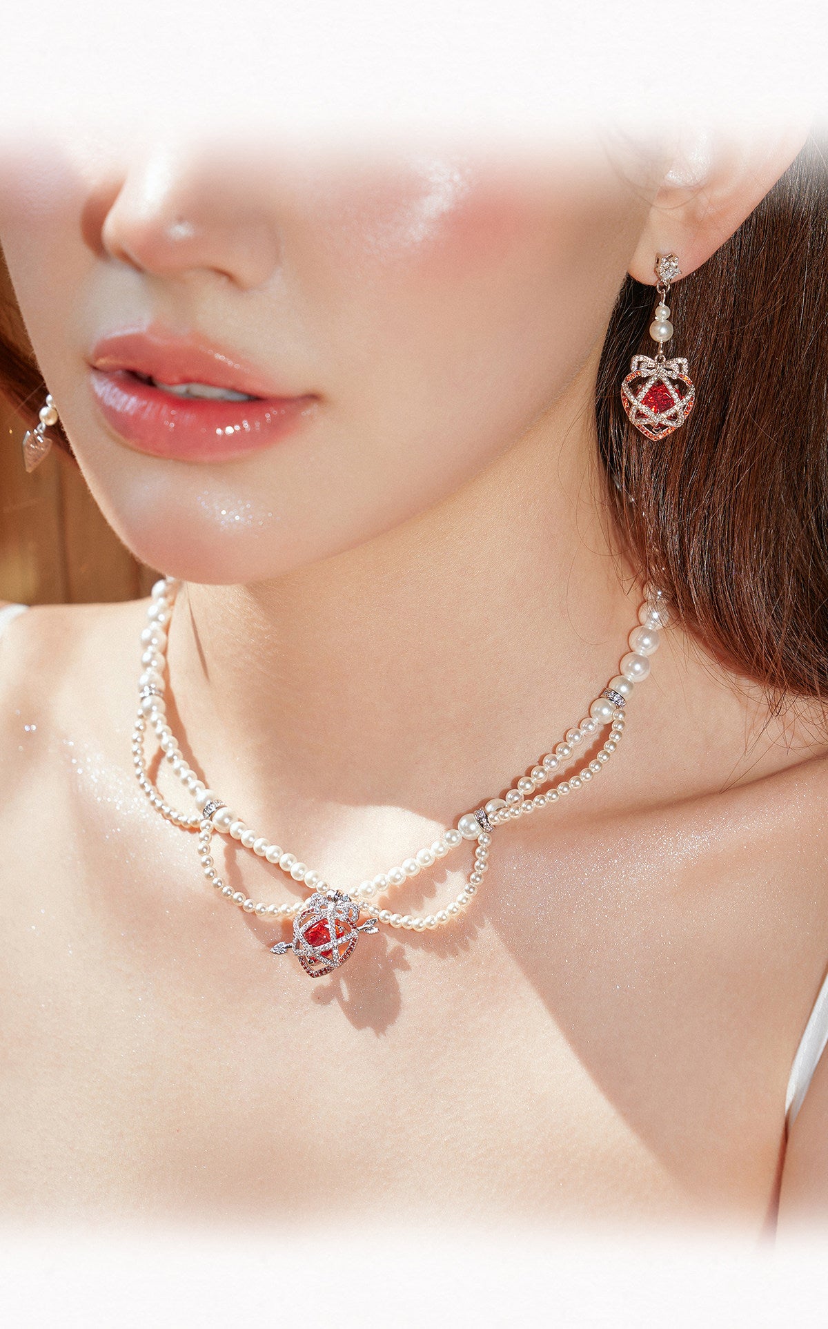 Sweet Bow Red Heart Cage Long Tassel Drop Earrings for Women, White Pearl Inlaid Cubic Zirconia Silver Tone Romantic Valentines Wedding Bridal Dangle Fine Jewelry Gift  LUNA-X299