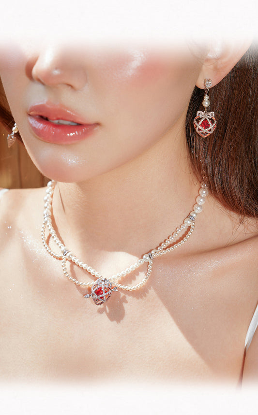 Sweet Bow Red Heart Cage Long Tassel Drop Earrings for Women, White Pearl Inlaid Cubic Zirconia Silver Tone Romantic Valentines Wedding Bridal Dangle Fine Jewelry Gift  LUNA-X299