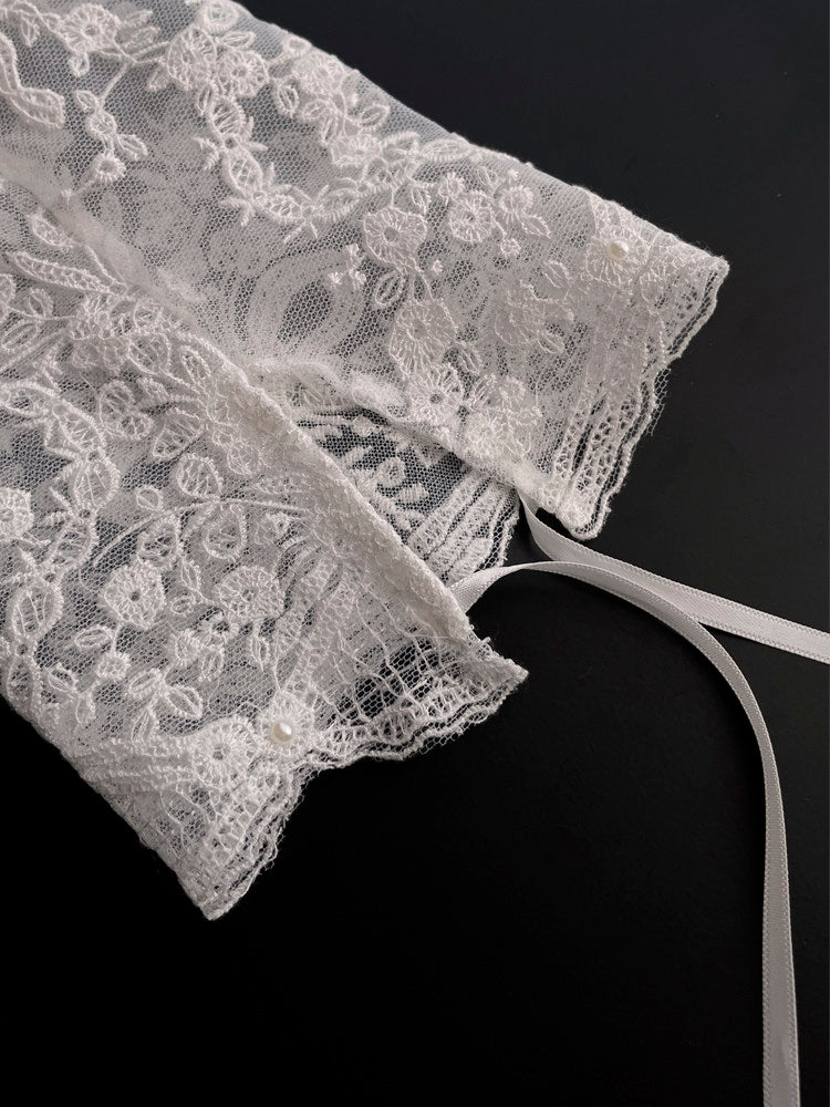 Vintage Off-White Lace Bridal Gloves 46cm Elbow-Length Fingerless Wedding Sleeves | Romantic Beaded Bow Knot Cottagecore Bridal Cuffs | LUNA-X325