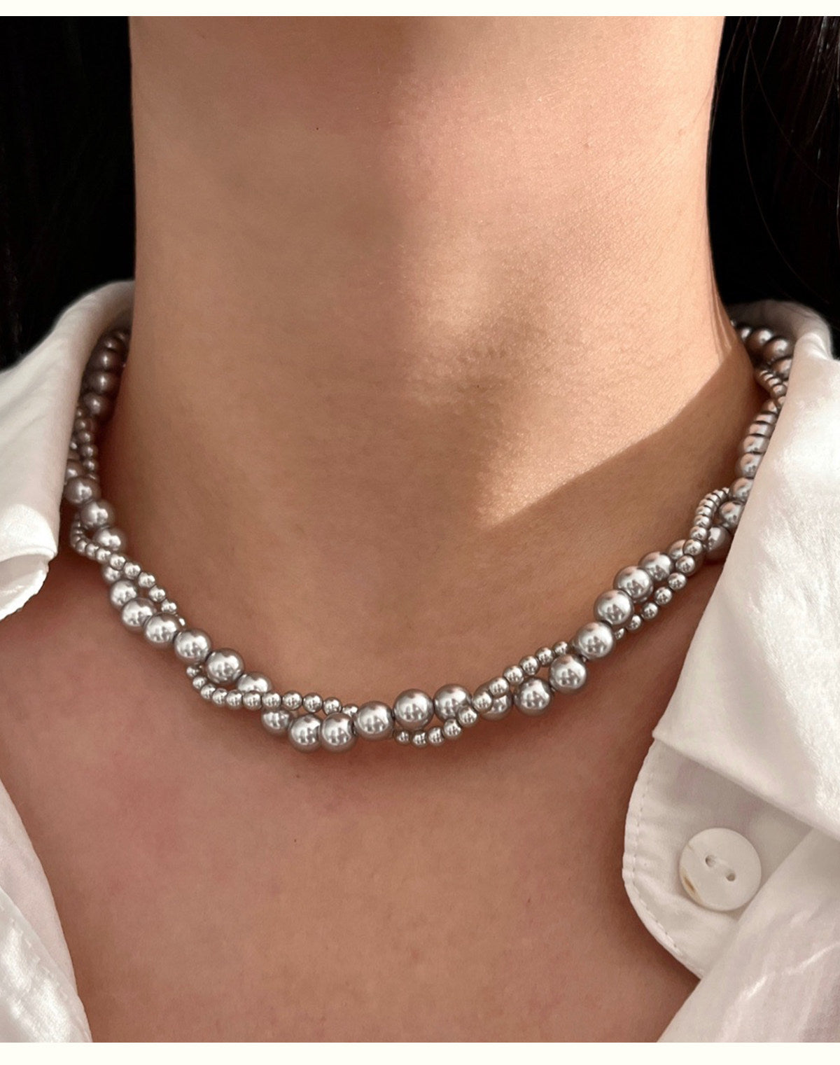 Two Tone Sunflower Clasp Mixed Size Imitation Pearl Necklace For Women 3mm+6mm Gradient Pearl 45cm Adjustable Gold Silver Clasp Cream Grey Australian White French Vintage Daily Jewelry Gift For Ladies   LUNA-X287