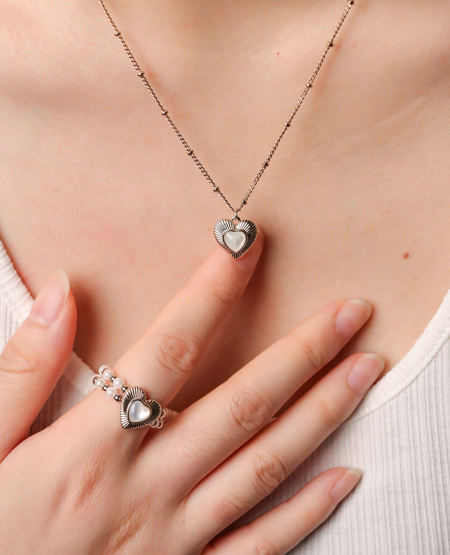 Two-Layer Star CZ & Sunburst Heart Mother of Pearl Pendant Necklace, Pale Titanium Gold Stackable Adjustable Chain for Women  LUNA-X255