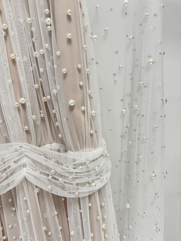 Ethereal Pearl Beaded Bridal Cape Dress - Halter Neck Open Back Wedding Reception Gown - Luxury Pearlcore Floor-Length Bridal Dress  LUNA-X233