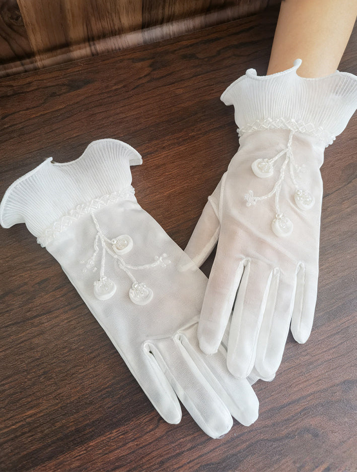 Lily of the Valley Satin Bridal Gloves - Hand-Beaded Pearl Floral Wedding Gloves - Vintage Pleated Ruffle Edge Prom & Evening Mittens (38cm/28cm) LUNA-X320