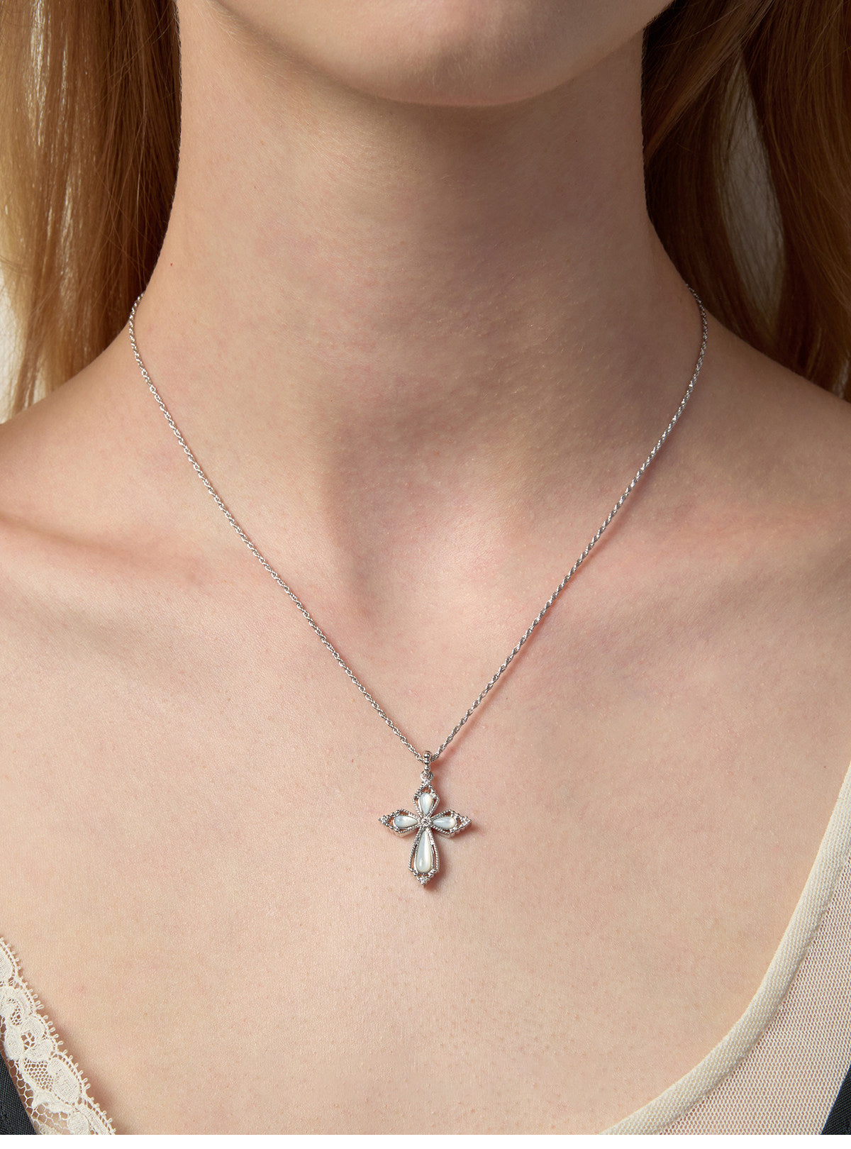 Women’s Vintage Filigree Hollow Cross Pendant Necklace, Two Sizes, Silver Rhodium Plated, Black Onyx / White Mother of Pearl & Cubic Zirconia Adjustable Chain LUNA-X258