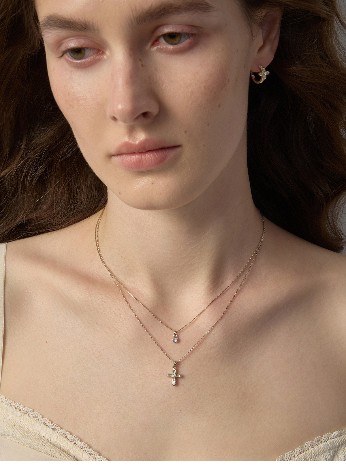 Two Layer Textured Cross & Single CZ Bezel Pendant Necklace, Dainty Stackable Adjustable Chain for Women  LUNA-X254