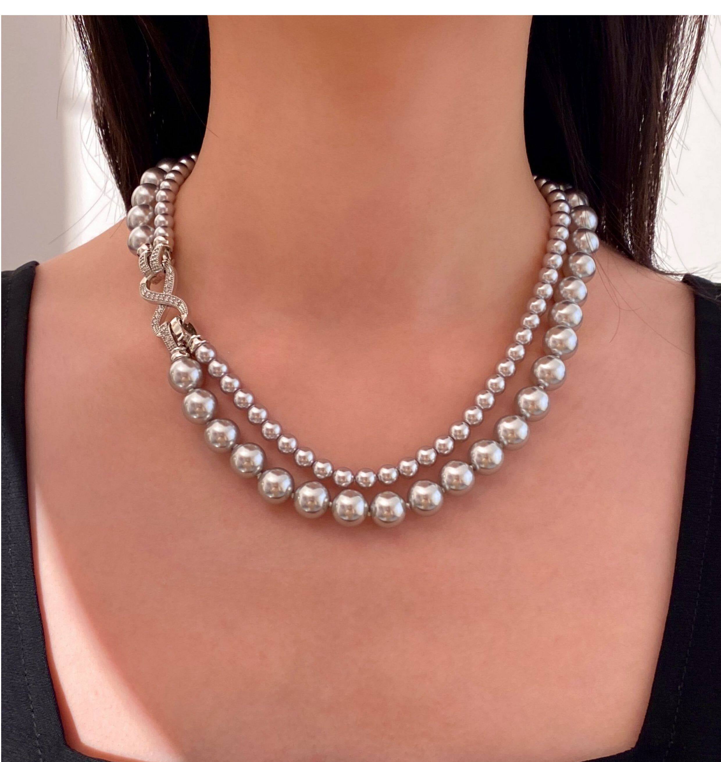 Double Layer Gradient Pearl Choker Necklace for Women, Two-Tier Australian White & Gray Madama Pearls 4/6mm+8/10mm Adjustable 44-46cm Collarbone Chain Crystal Infinity Clasp Wedding Bridal Statement Fine Jewelry Gift  LUNA-X294