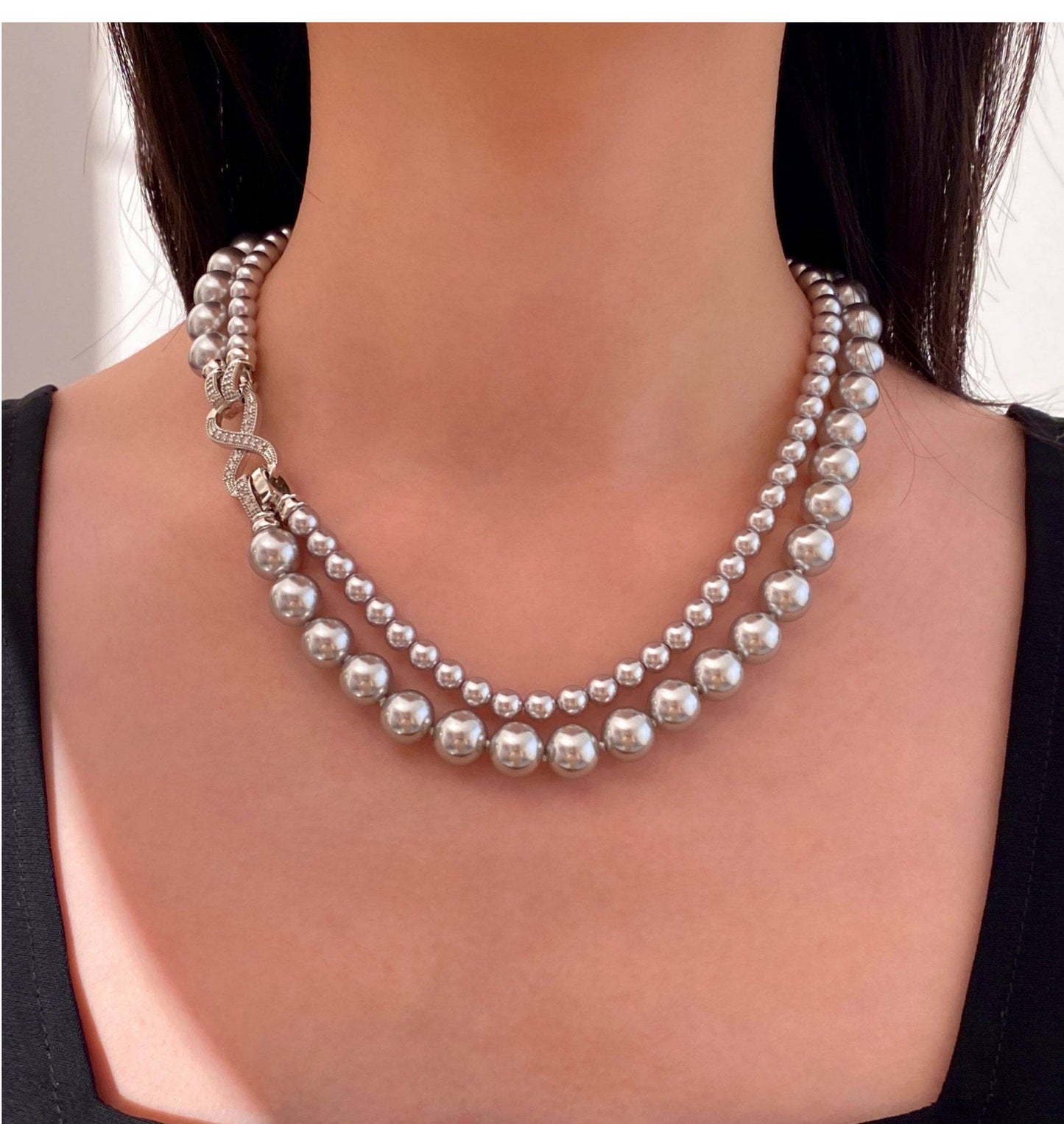 Double Layer Gradient Pearl Choker Necklace for Women, Two-Tier Australian White & Gray Madama Pearls 4/6mm+8/10mm Adjustable 44-46cm Collarbone Chain Crystal Infinity Clasp Wedding Bridal Statement Fine Jewelry Gift  LUNA-X294