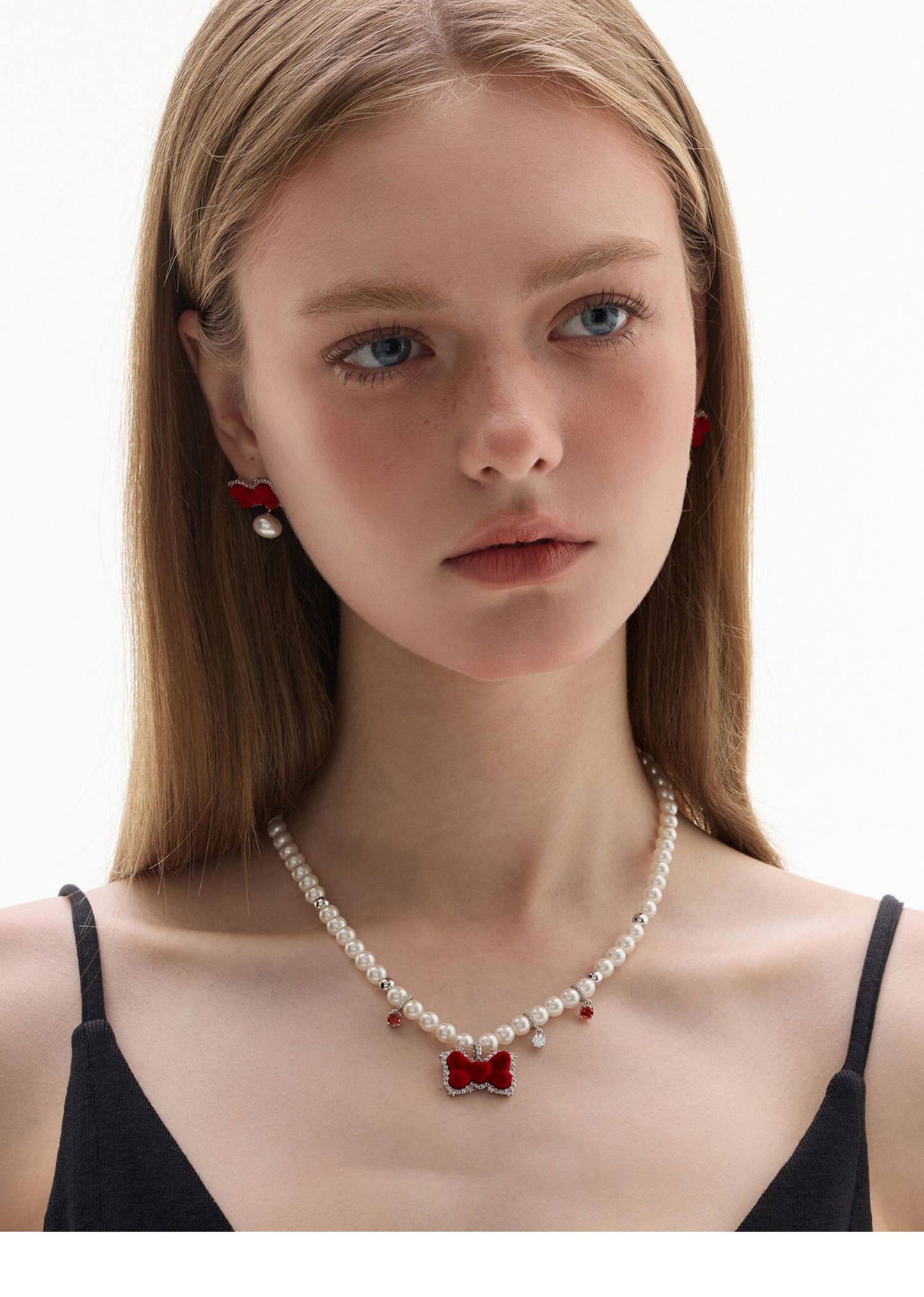 Red Velvet Bow Imitation Pearl Choker Necklace For Women Silver Plated Cubic Zirconia Dainty Crystal Drop Adjustable 42+5cm Chain Cute Sweet Lolita Party Statement Jewelry  LUNA-X275